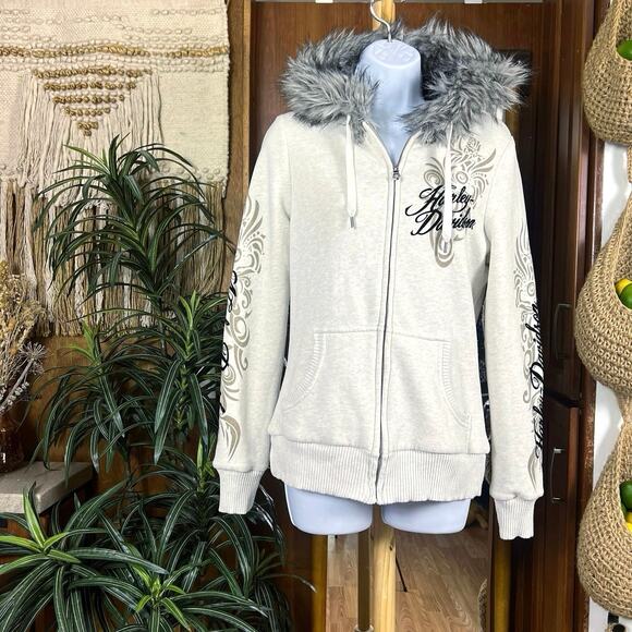 Vintage Harley Davidson Fur Trim Zip Hoodie M Gray Felted Logo Y2K Tattoo Style - Picture 2 of 16